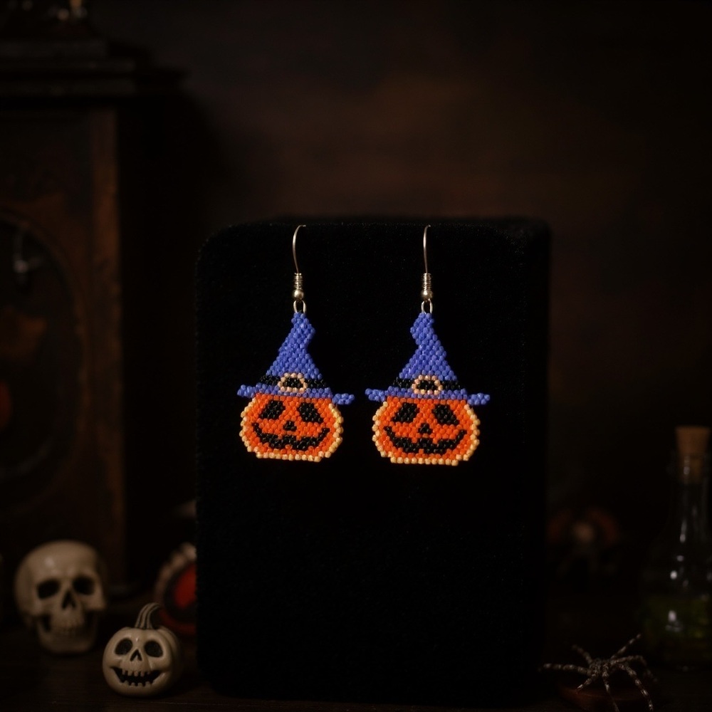 Hand Crafted Halloween Pumpkin Witch Earrings